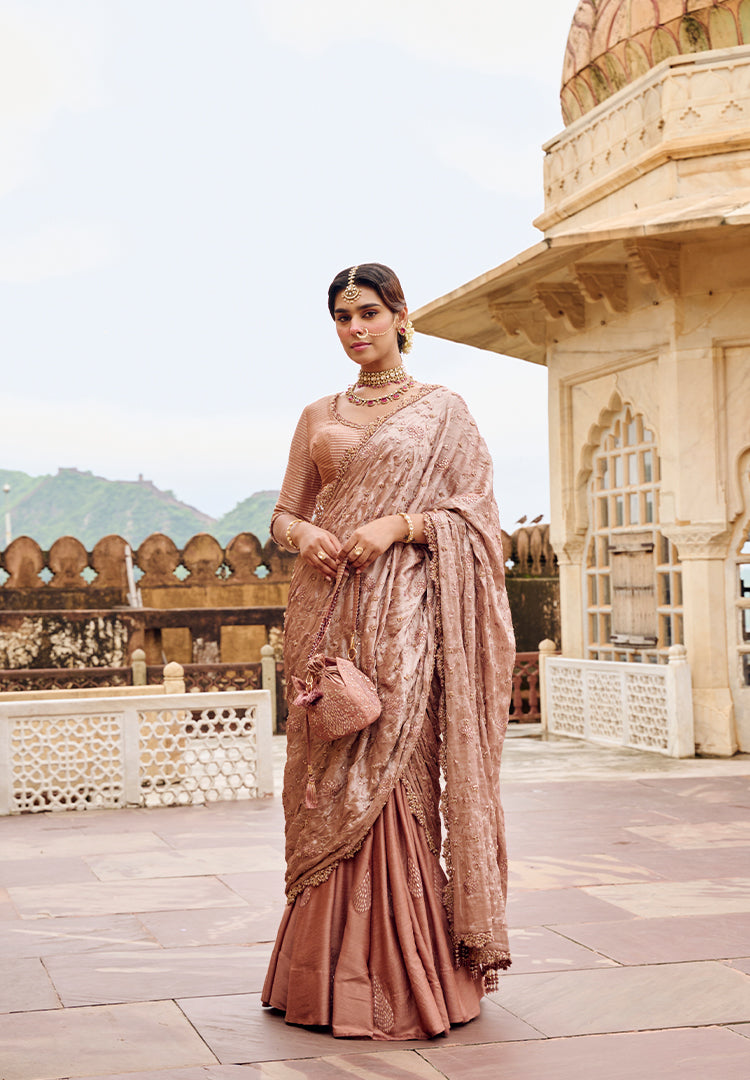 BURNT PEACH DARPE LEHENGA SAREE