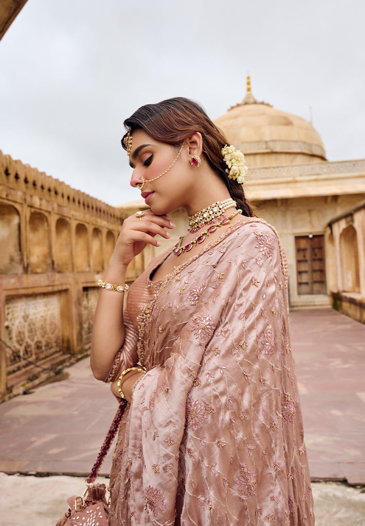 BURNT PEACH DARPE LEHENGA SAREE