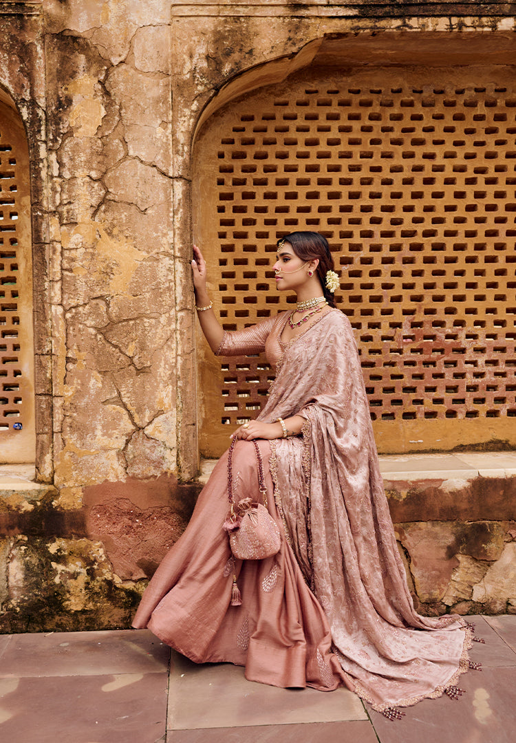 BURNT PEACH DARPE LEHENGA SAREE
