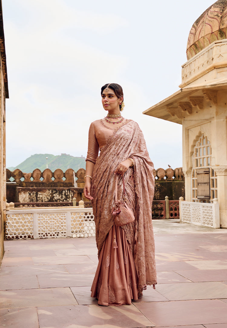 BURNT PEACH DARPE LEHENGA SAREE