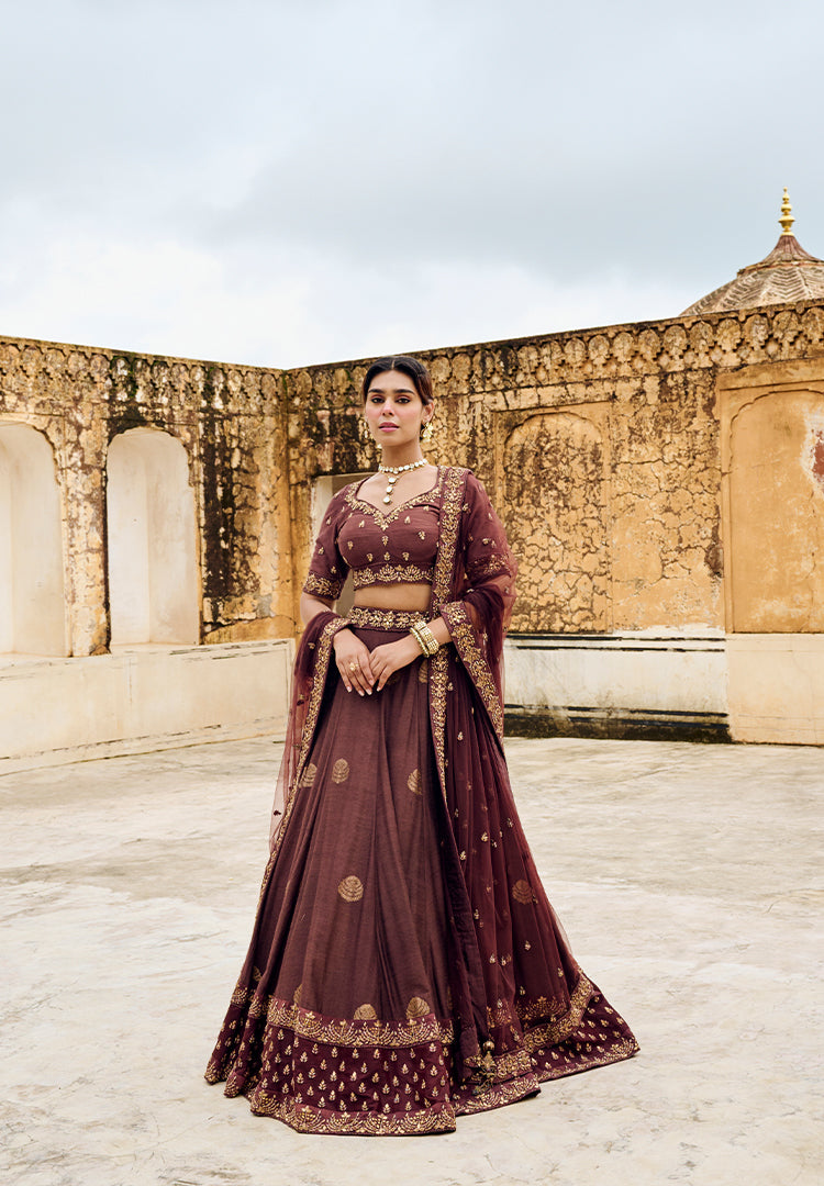 Coffee Brown Moonga Butti Lehenga