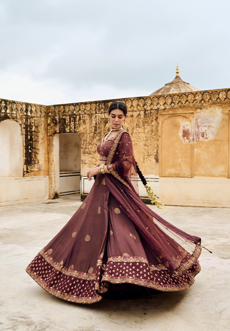 Coffee Brown Moonga Butti Lehenga