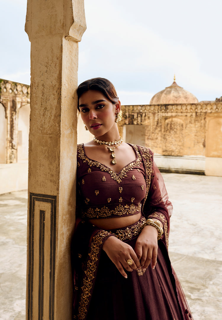 Coffee Brown Moonga Butti Lehenga