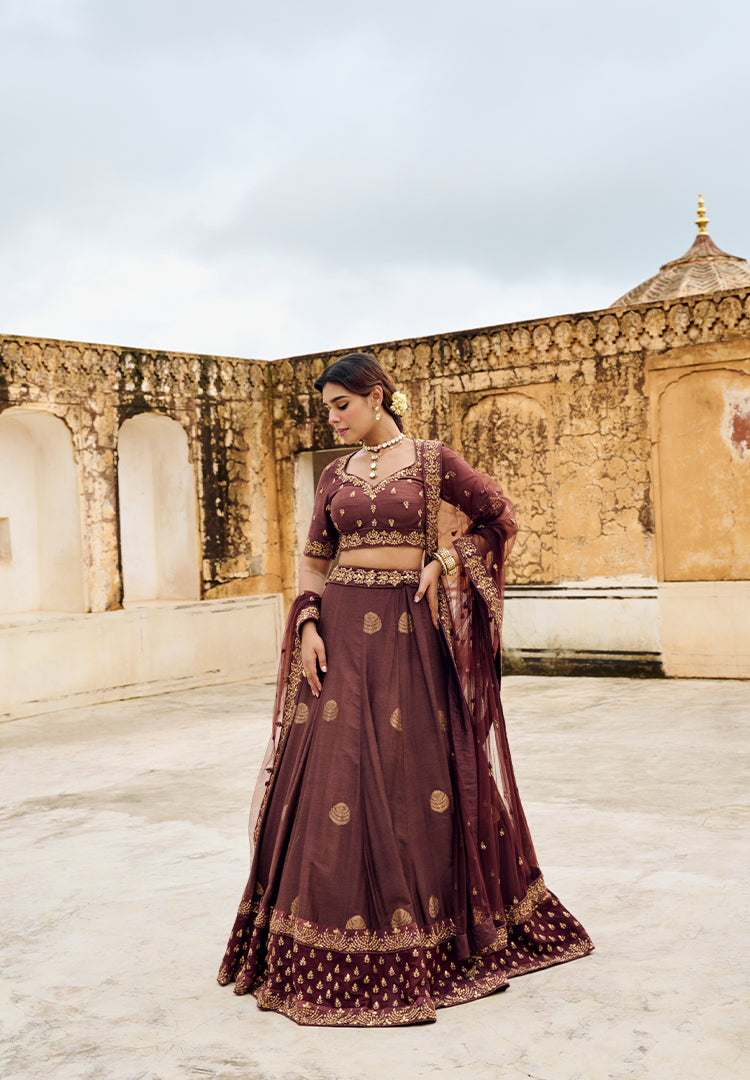 Coffee Brown Moonga Butti Lehenga