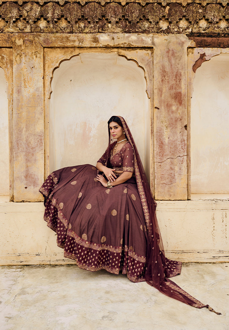 Coffee Brown Moonga Butti Lehenga