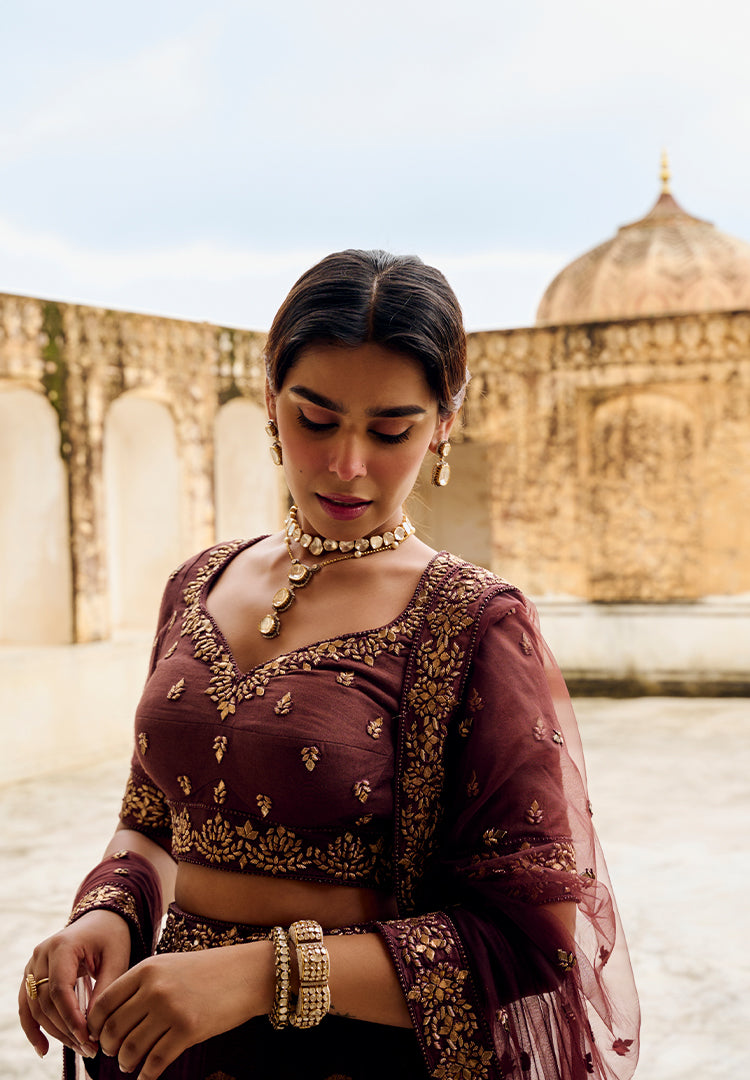 Coffee Brown Moonga Butti Lehenga