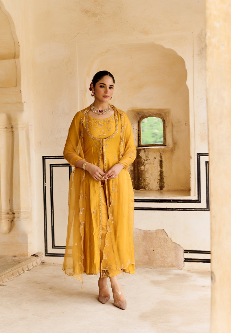 Marigold Mugal Cut Moonga Suit
