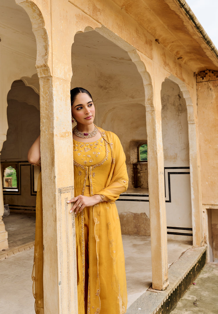 Marigold Mugal Cut Moonga Suit