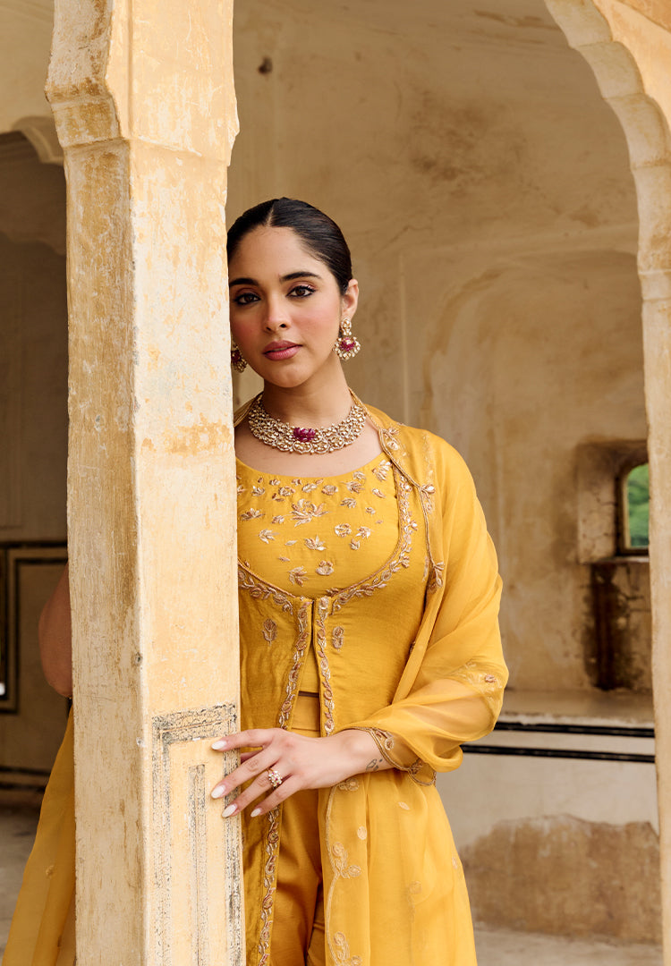 Marigold Mugal Cut Moonga Suit