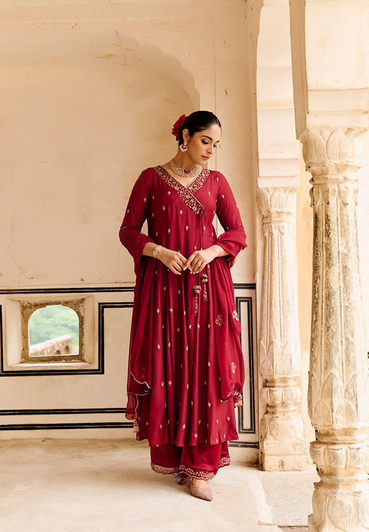 Ruby Red Angrakha Anarkali Suit