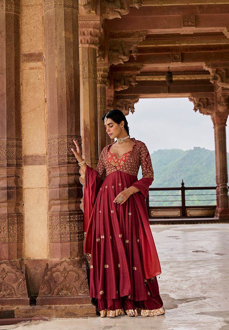 Maroon Moonga Anarkali Suit