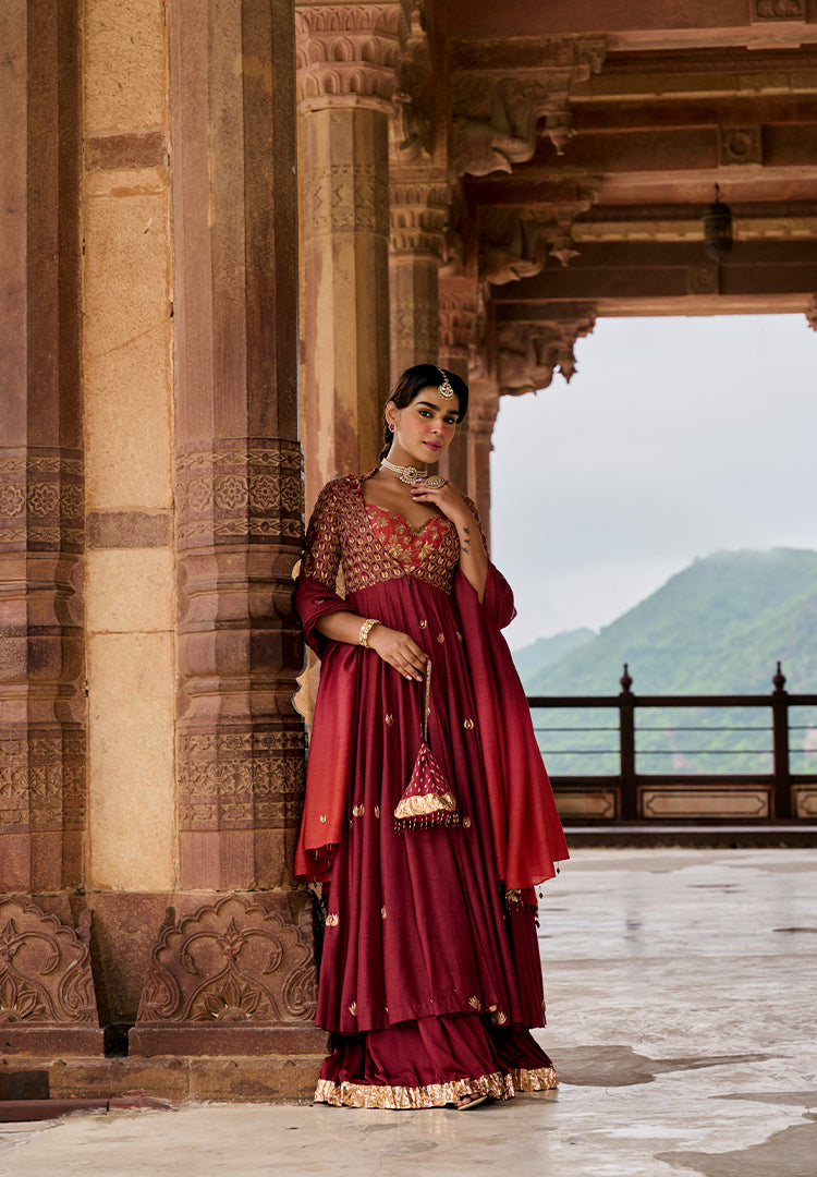 Maroon Moonga Anarkali Suit