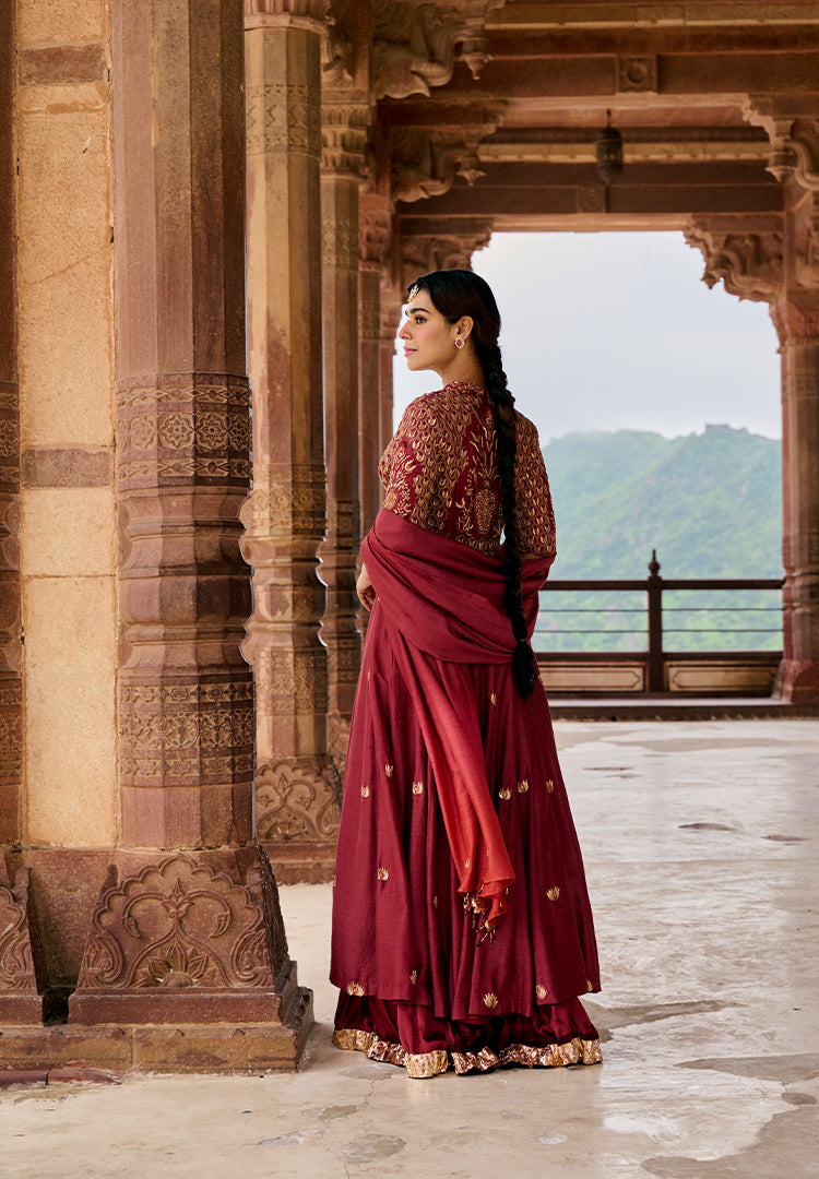 Maroon Moonga Anarkali Suit