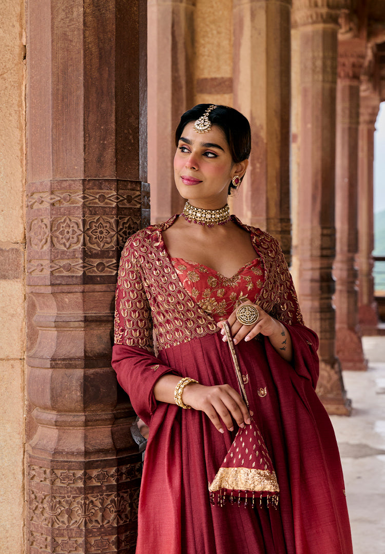 Maroon Moonga Anarkali Suit