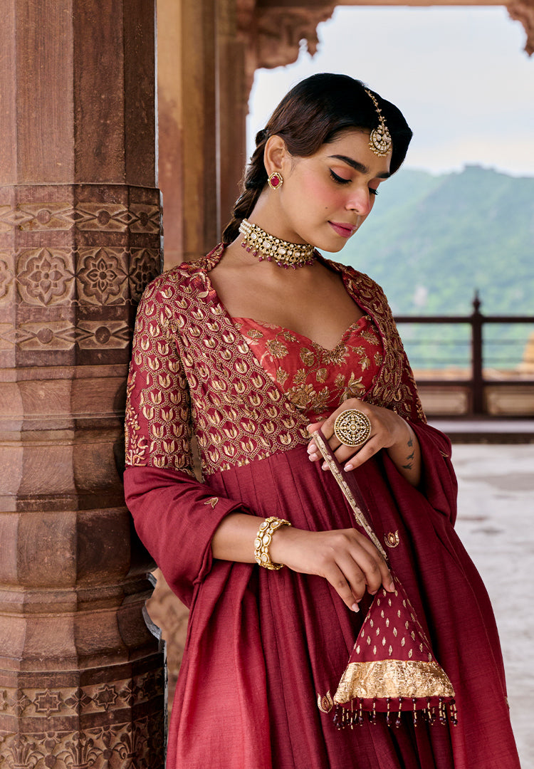 Maroon Moonga Anarkali Suit