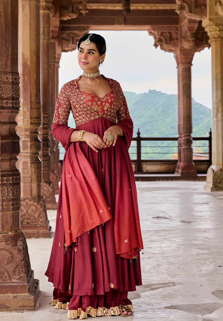 Maroon Moonga Anarkali Suit