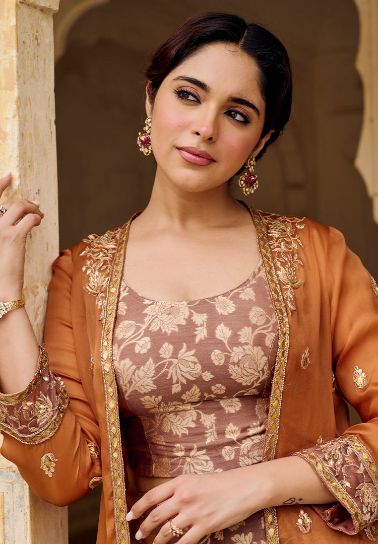 Burnt Orange Moonga Jacket Indowestern