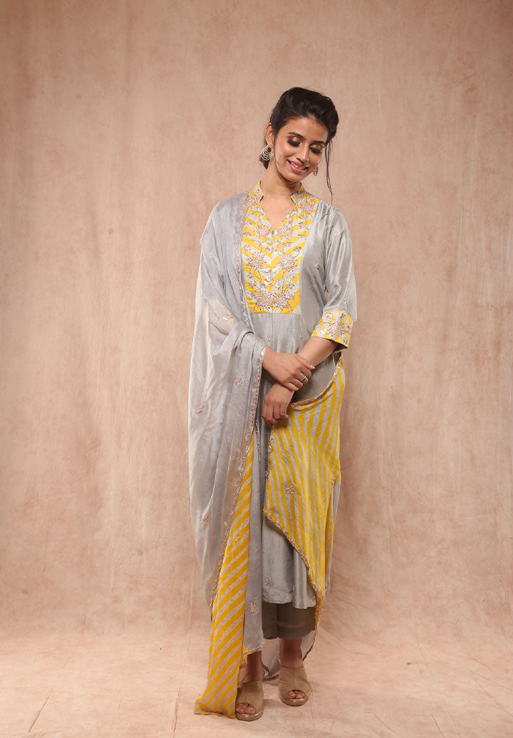 Sunflower Yellow Grey Dupion Silk Suit
