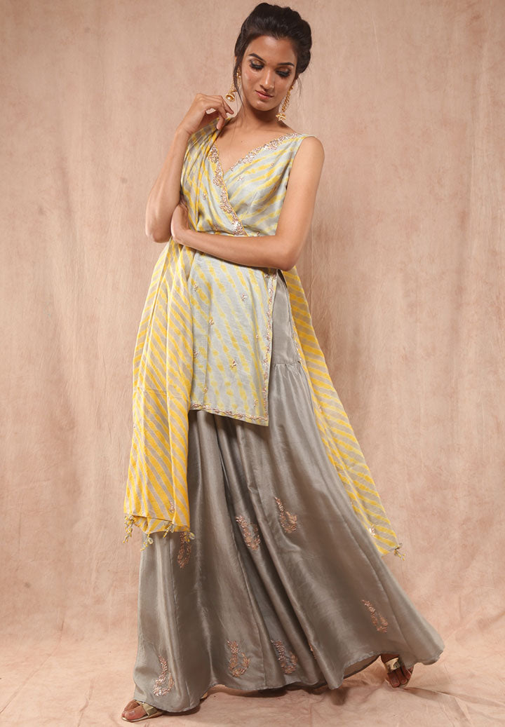 Yellow Grey Tussar Sharara Set
