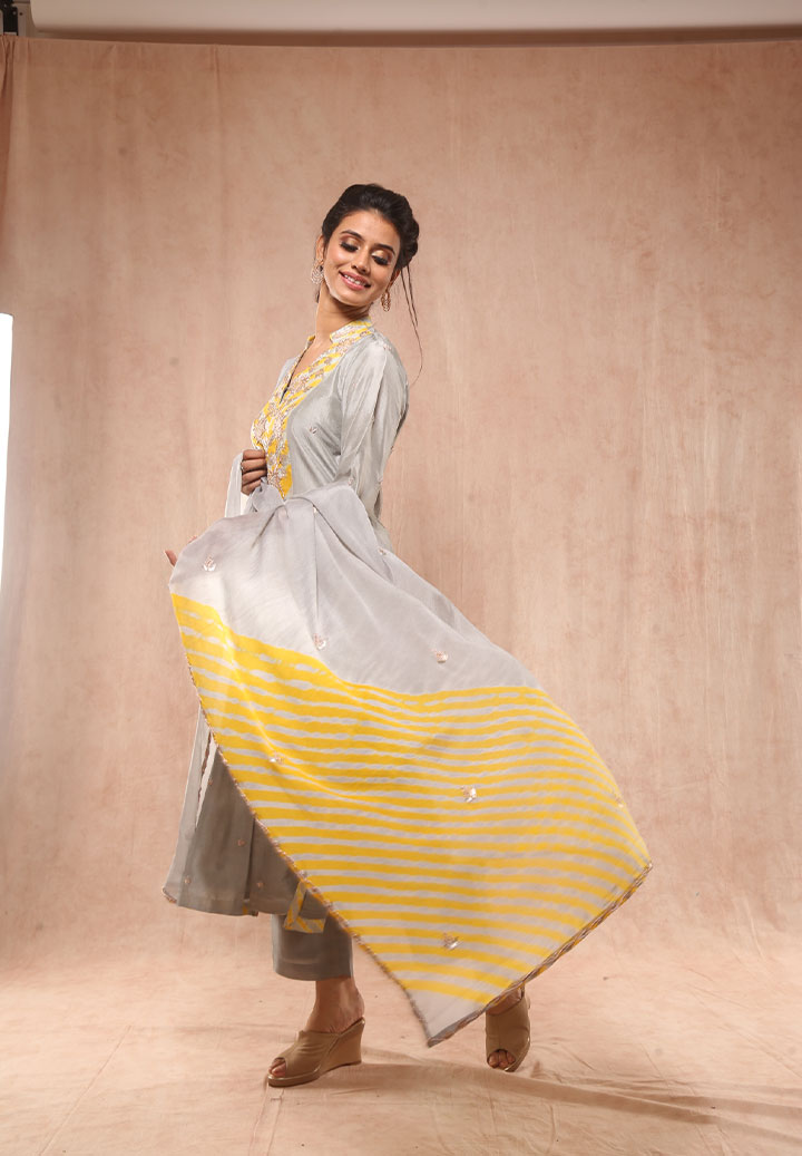 Sunflower Yellow Grey Dupion Silk Suit