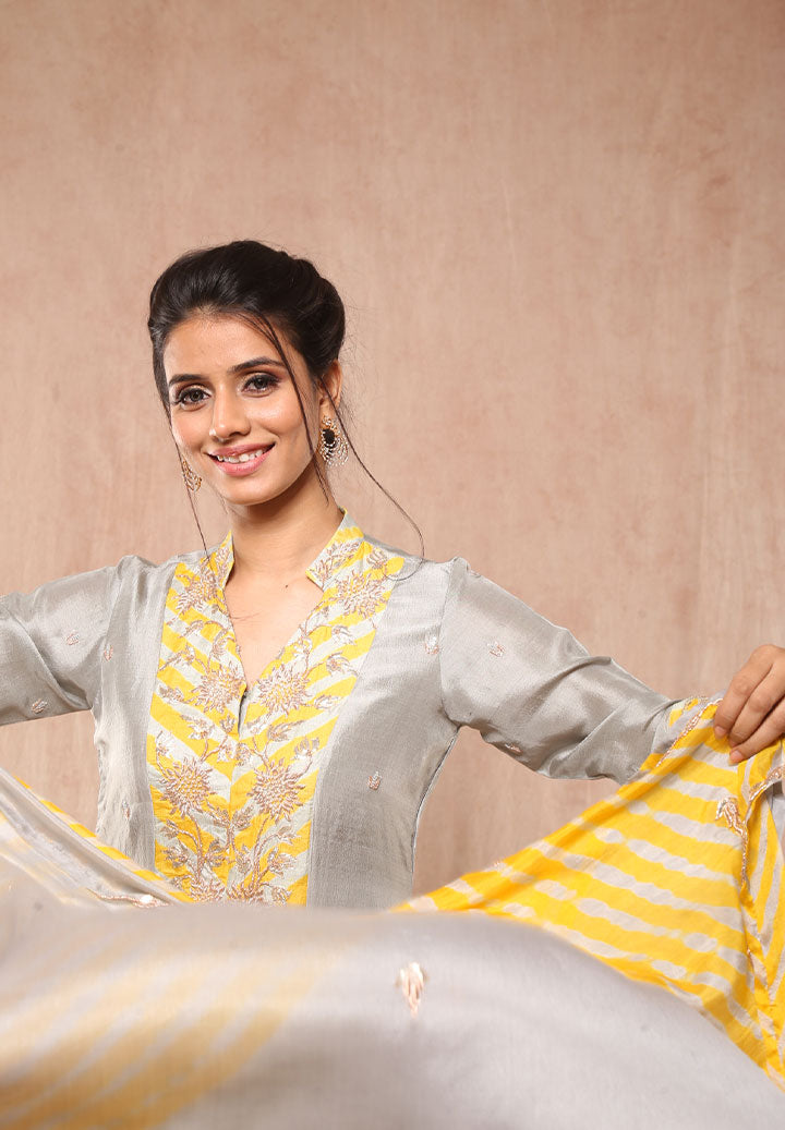 Sunflower Yellow Grey Dupion Silk Suit