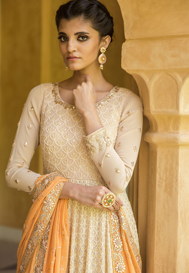 Cream Sunset Coral Anarkali Suit