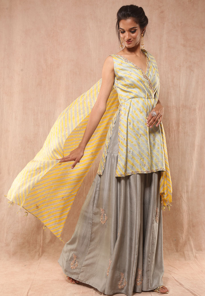Yellow Grey Tussar Sharara Set