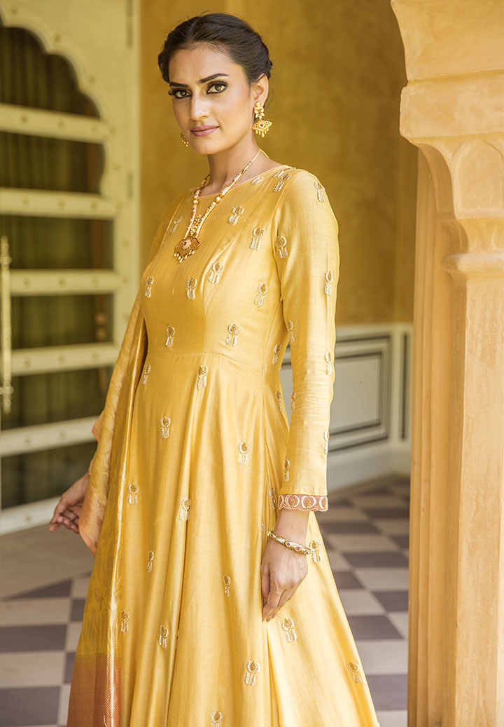 Marigold Chanderi Silk Anarkali Suit