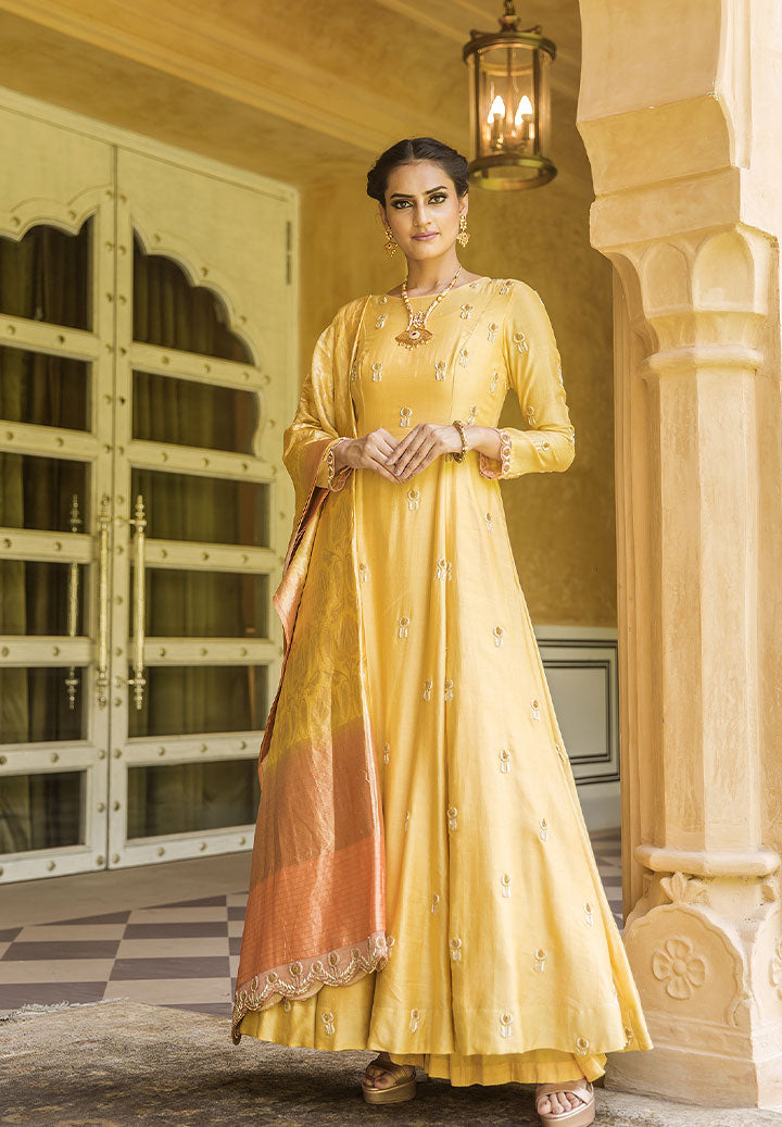Marigold Chanderi Silk Anarkali Suit