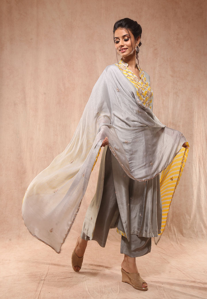 Sunflower Yellow Grey Dupion Silk Suit