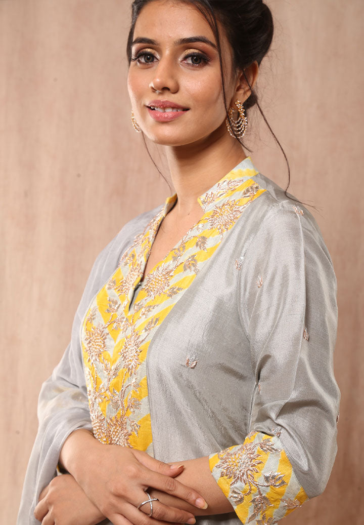 Sunflower Yellow Grey Dupion Silk Suit