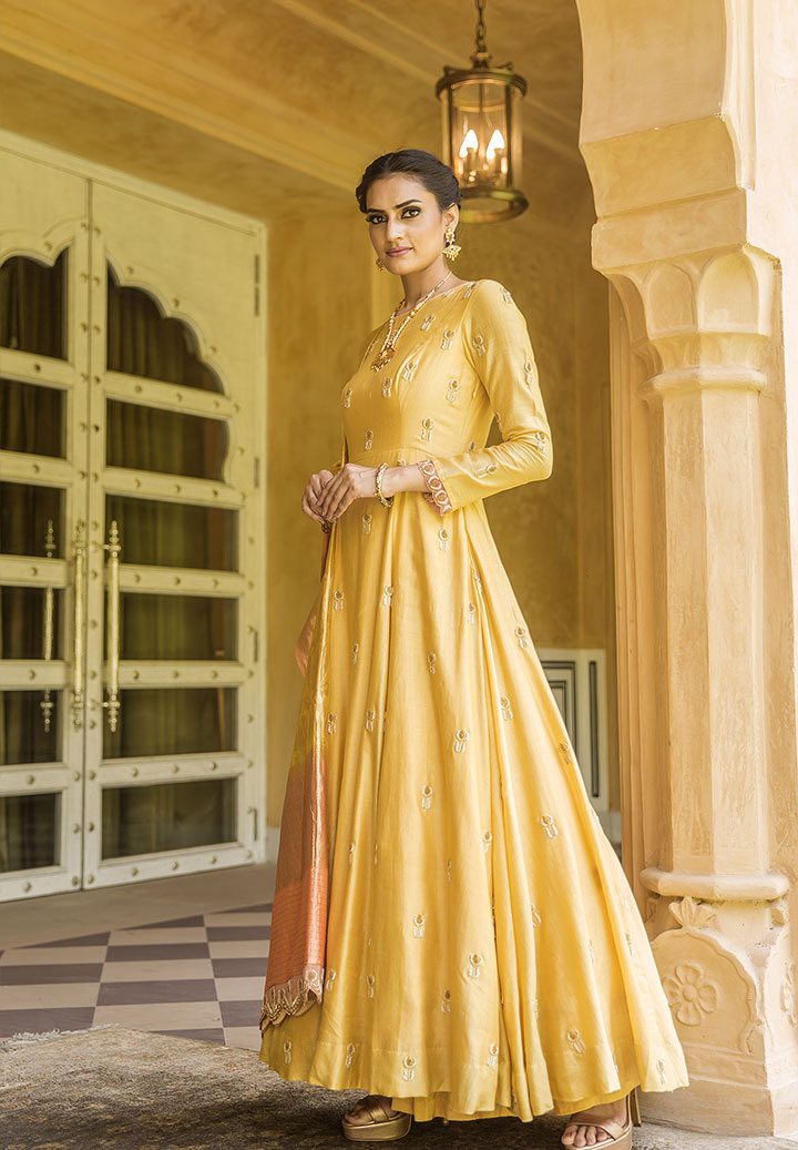 Marigold Chanderi Silk Anarkali Suit