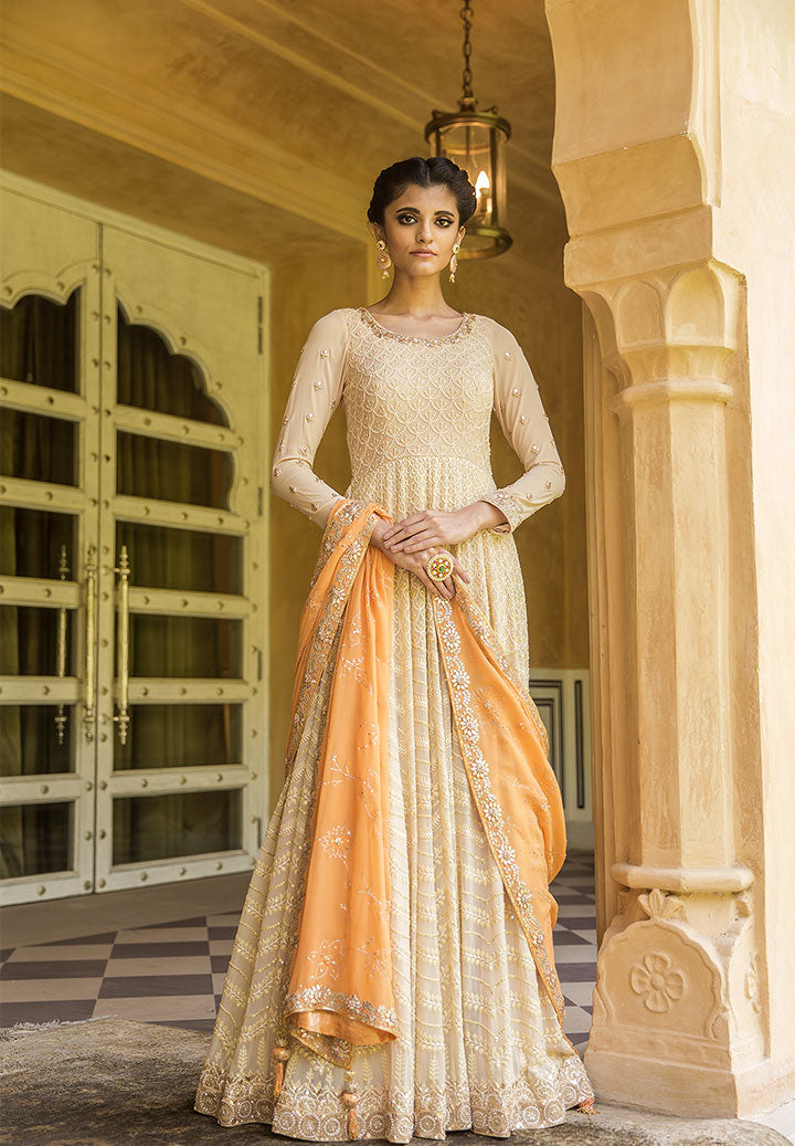 Cream Sunset Coral Anarkali Suit