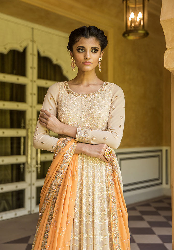 Cream Sunset Coral Anarkali Suit