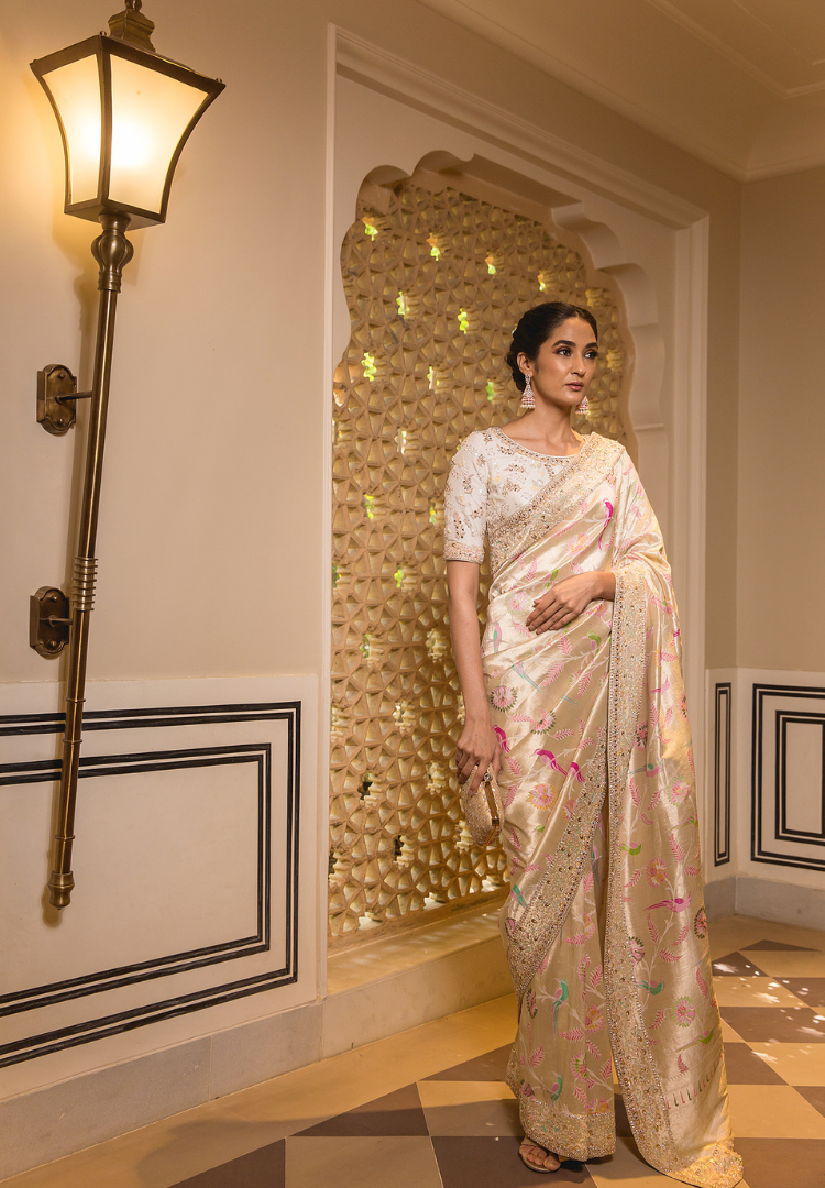 Ivory Banarasi saree
