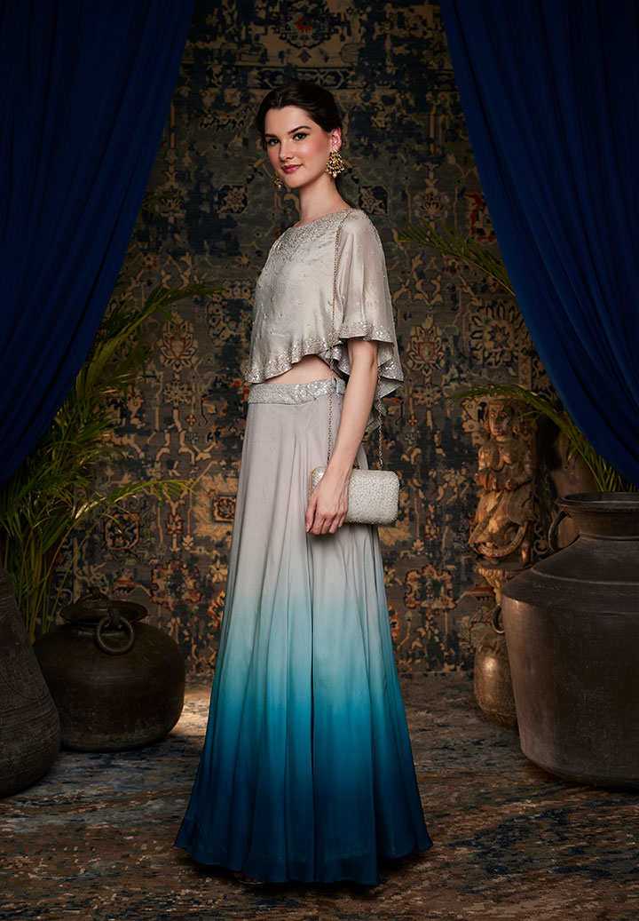 Teal Ombre Skirt And Drape Top