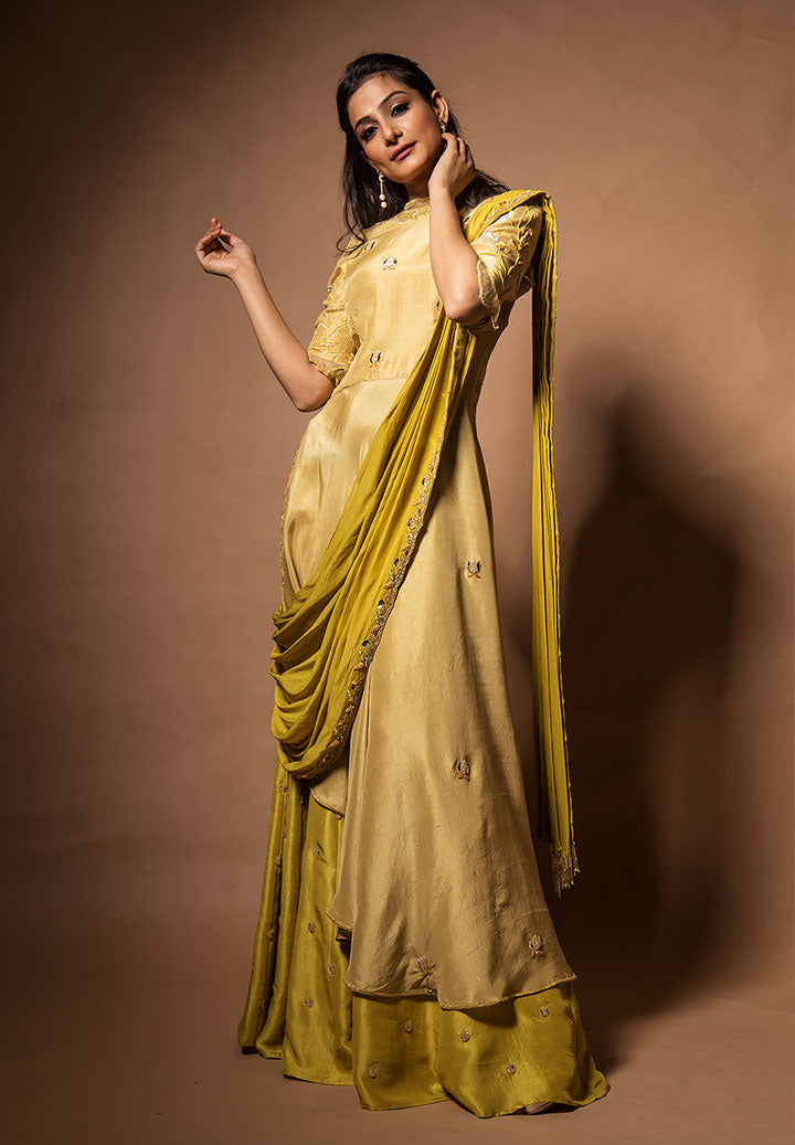 Olive Sage Green Draped Indowestern