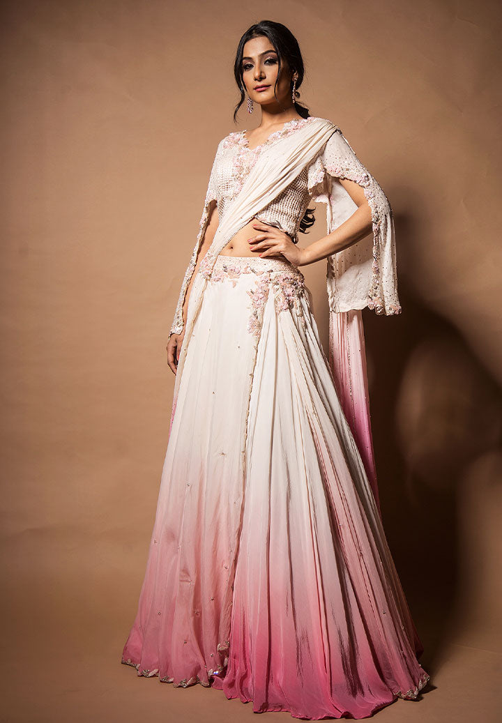 Pearl Pink Ombre Drape Lehenga