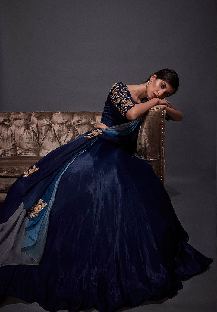 Silk Navy Blue Drape Lehenga