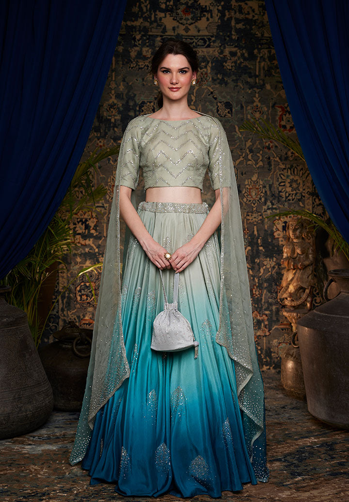 Teal Ombre Butter Silk Lehenga