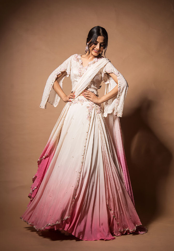 Pearl Pink Ombre Drape Lehenga