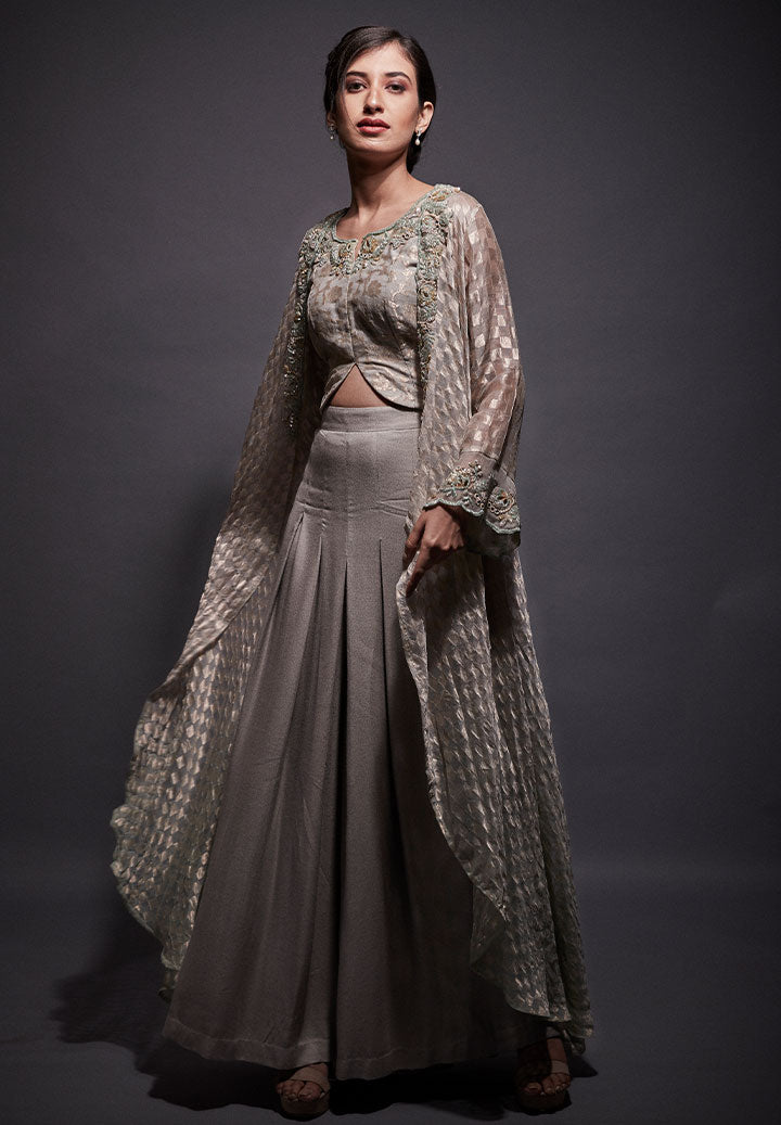 Smoke Grey Flared Cape Indowestern