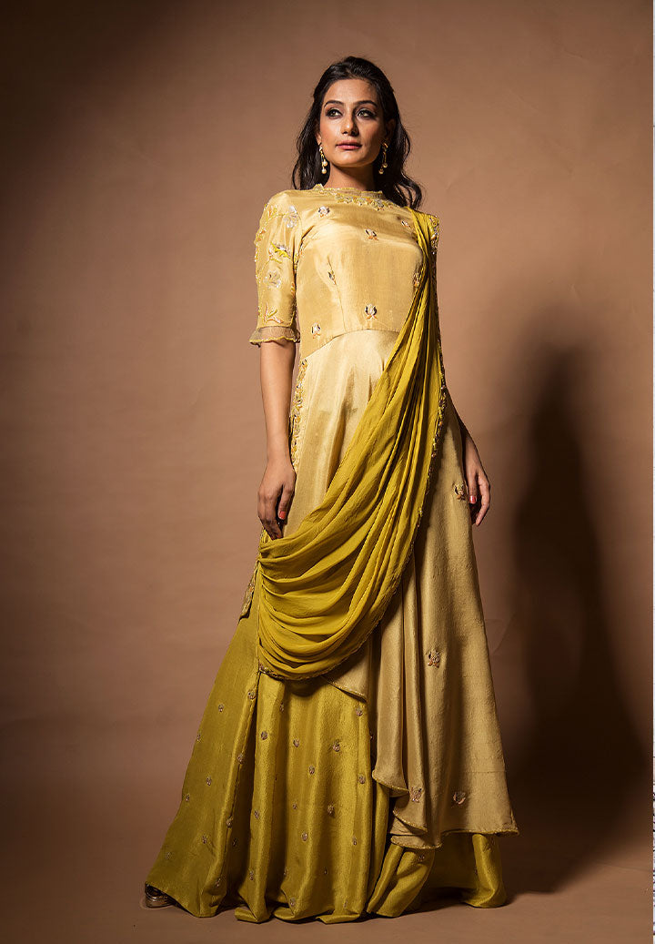 Olive Sage Green Draped Indowestern