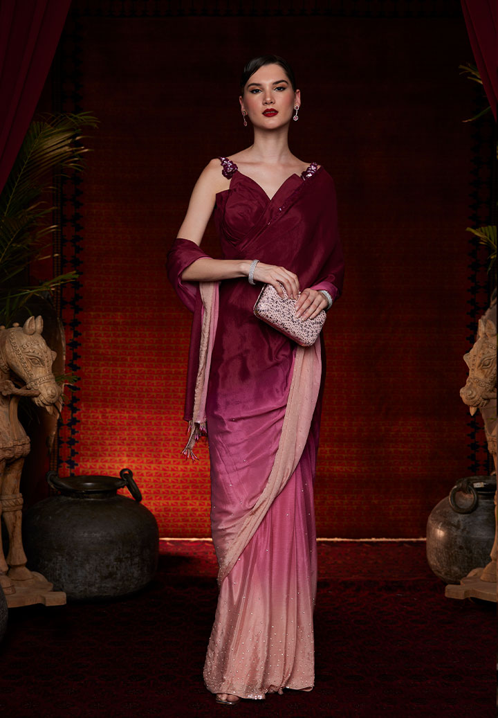 Wine Pink Ombre Drape Saree