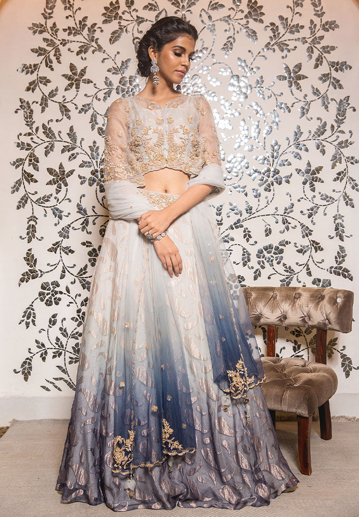 Midnight Blue Ombre Net Jacqard Lehenga