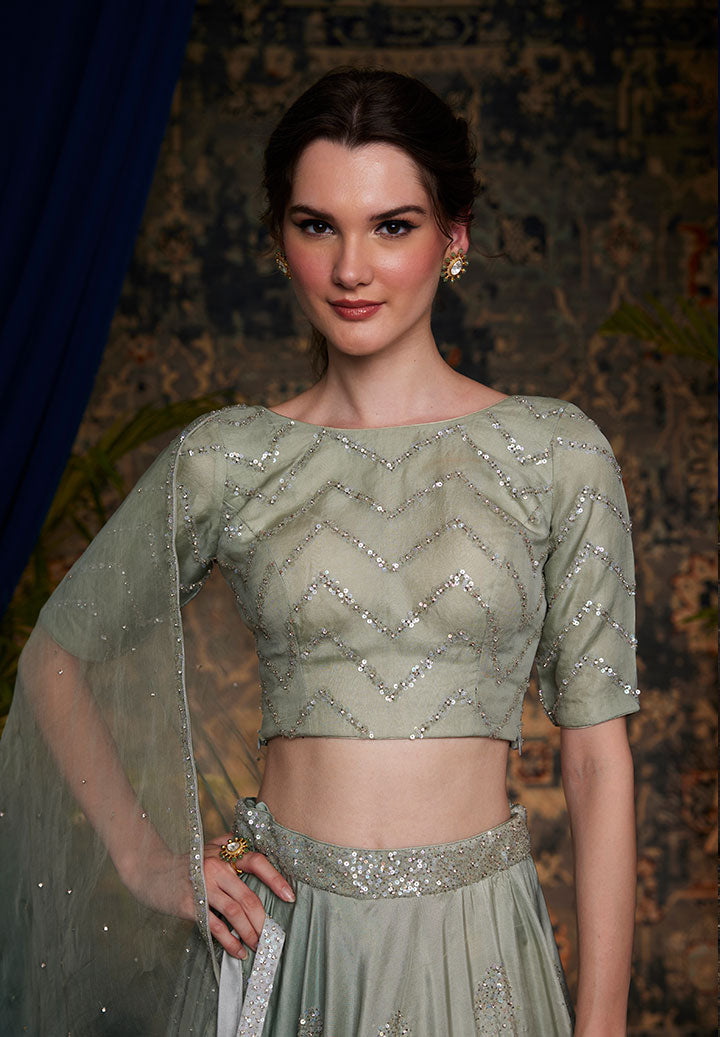 Teal Ombre Butter Silk Lehenga