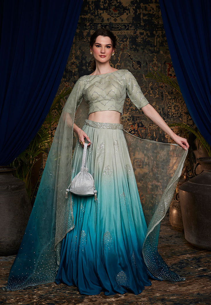 Teal Ombre Butter Silk Lehenga