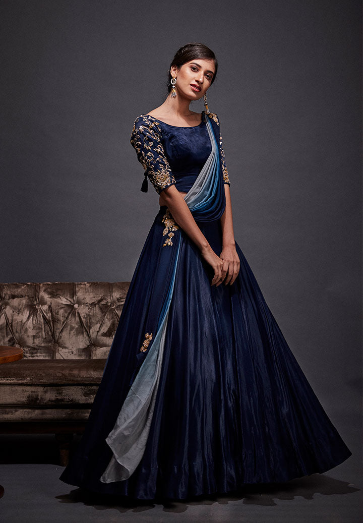 Silk Navy Blue Drape Lehenga