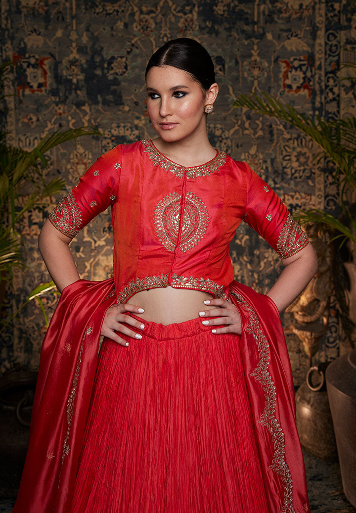 Rust Orange Crushed Lehenga