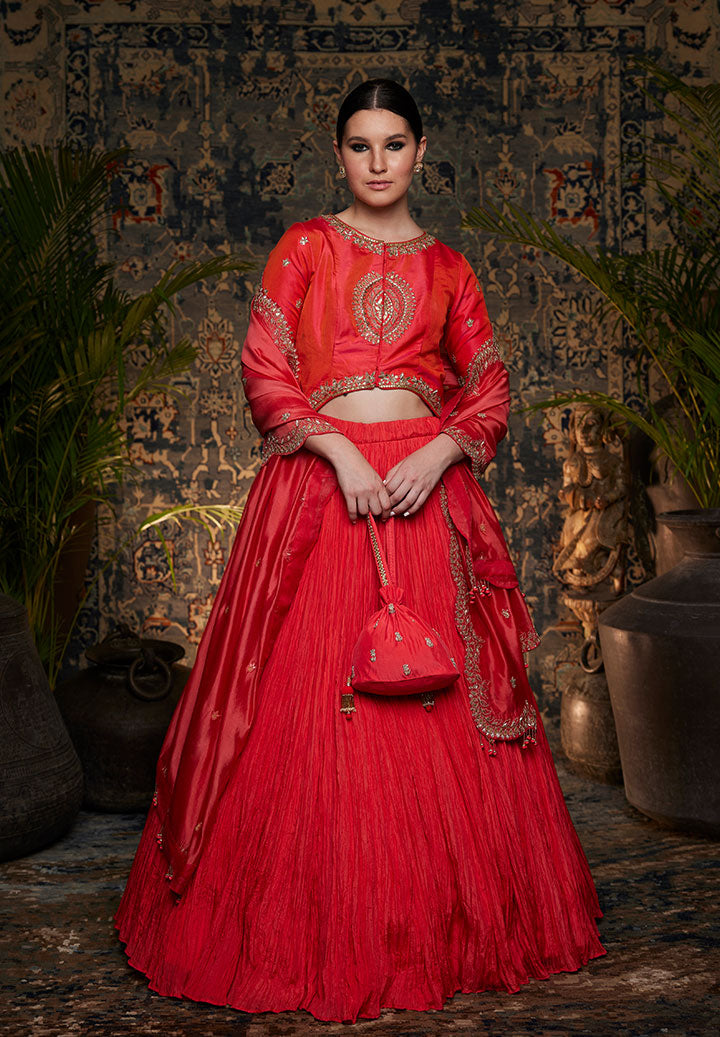 Rust Orange Crushed Lehenga